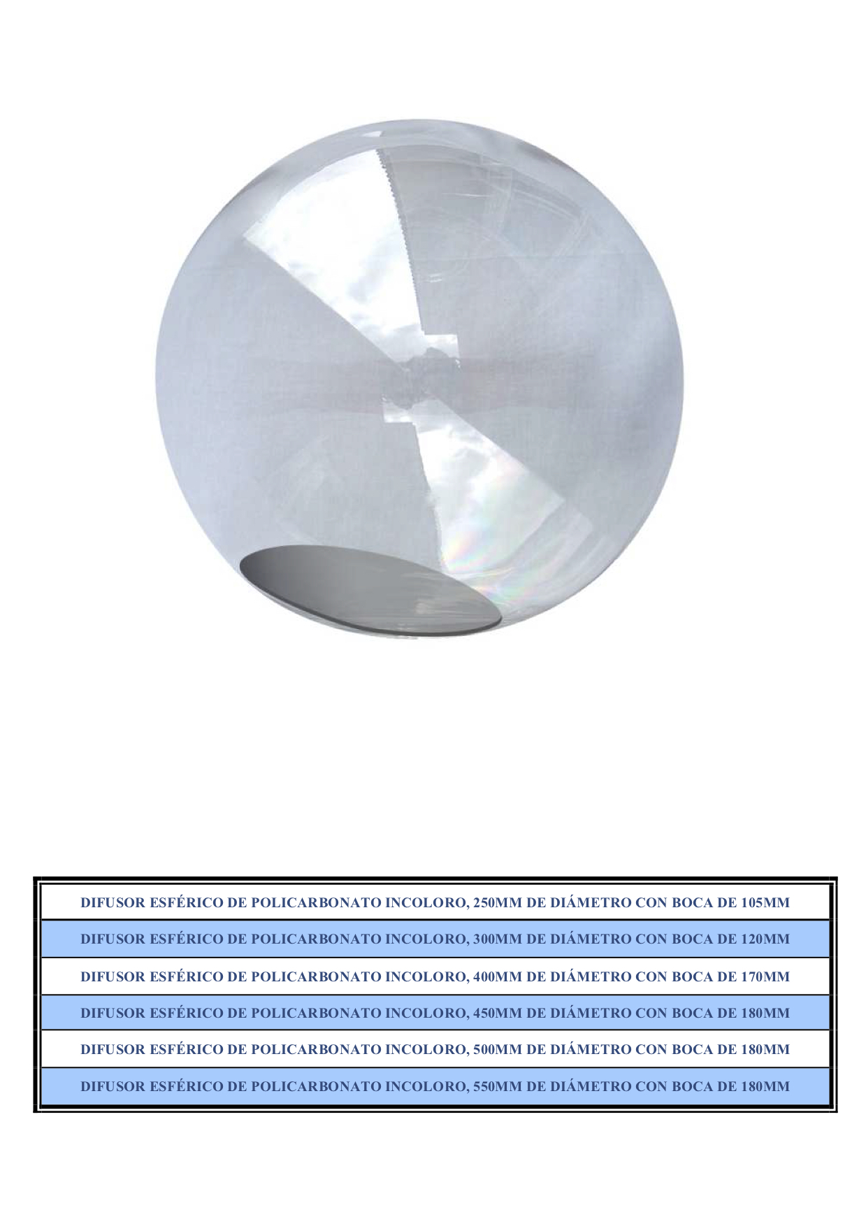 Difusor Esférico POLICARBONATO INCOLORO TRANSPARENTE con Boca - Imagen 2